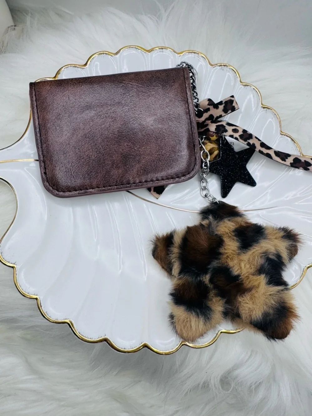 Brown Heart Card Case - Faux Leather and Plush Star Charm